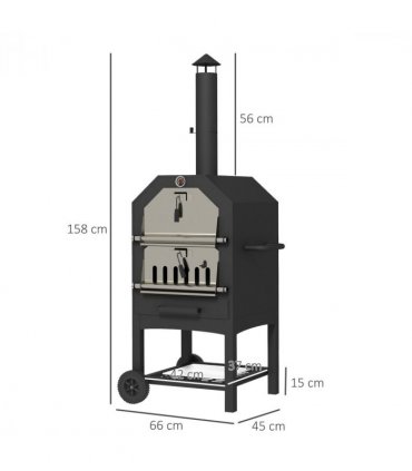 Outdoor Pizza Oven Black Steel Charcoal Grill BBQ Outsunny 66L x 45W x 158Hcm