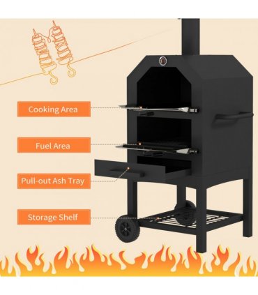 Outdoor Pizza Oven Black Steel Charcoal Grill BBQ Outsunny 66L x 45W x 158Hcm