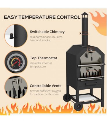 Outdoor Pizza Oven Black Steel Charcoal Grill BBQ Outsunny 66L x 45W x 158Hcm
