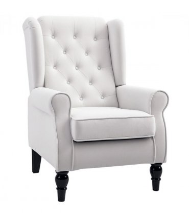 Armchair Cream White Linen Wood Sponge 74x86x102cm Retro Tufted Club Fabric