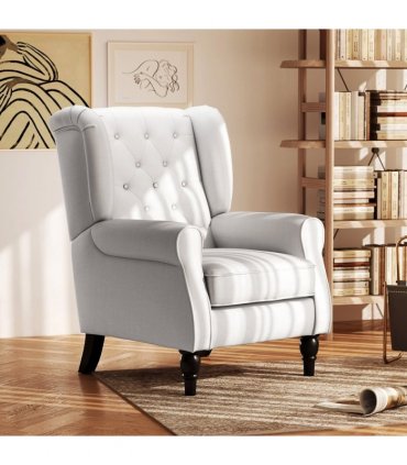 Armchair Cream White Linen Wood Sponge 74x86x102cm Retro Tufted Club Fabric
