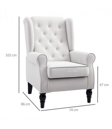 Armchair Cream White Linen Wood Sponge 74x86x102cm Retro Tufted Club Fabric