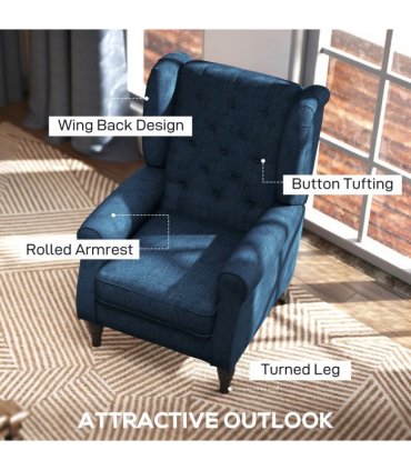 HOMCOM Accent Armchair Home Furniture Retro Tufted Club Wood Fabric Blue