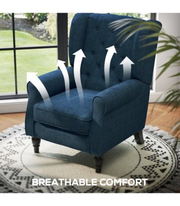 HOMCOM Accent Armchair Home Furniture Retro Tufted Club Wood Fabric Blue
