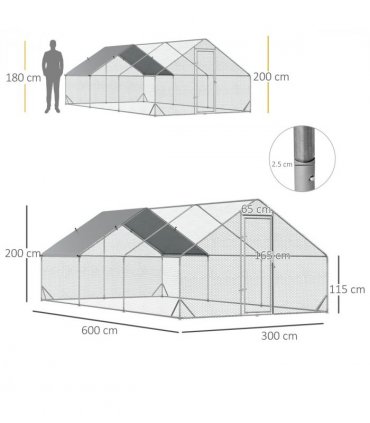 PawHut Walk In Chicken Run Large Galvanised Chicken Coop with Cover 6 x 3 x 2m