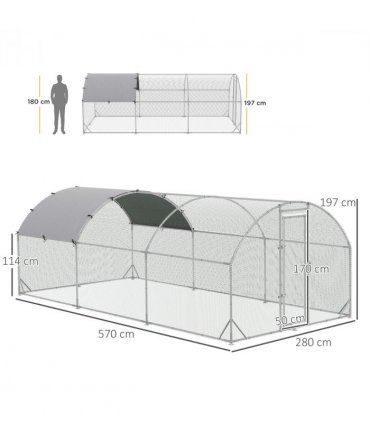 PawHut Walk-In Chicken Run Galvanised Chicken Coop with Cover 2.8 x 1.9 x 2m