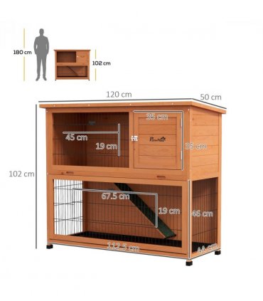 Outdoor Rabbit Hutch Antiseptic Orange Fir Wood Steel Wires 120L x50W x102Hcm