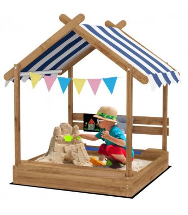 Sand Pit Brown Fir wood 124L x116W x146Hcm Outsunny Sandbox Canopy Seats Kids
