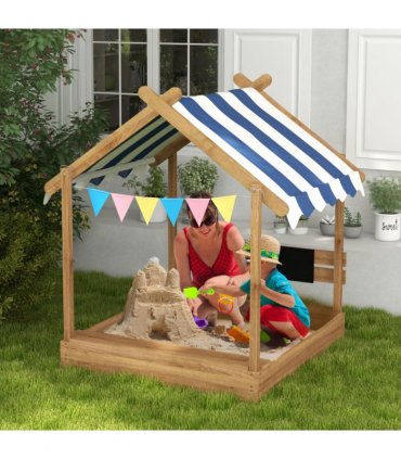 Sand Pit Brown Fir wood 124L x116W x146Hcm Outsunny Sandbox Canopy Seats Kids