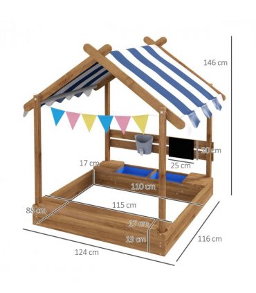 Sand Pit Brown Fir wood 124L x116W x146Hcm Outsunny Sandbox Canopy Seats Kids