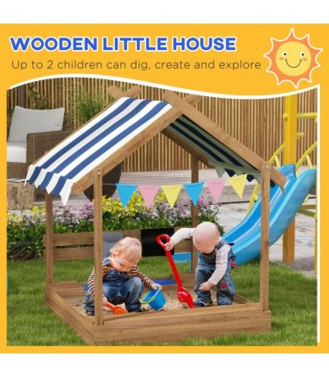 Sand Pit Brown Fir wood 124L x116W x146Hcm Outsunny Sandbox Canopy Seats Kids