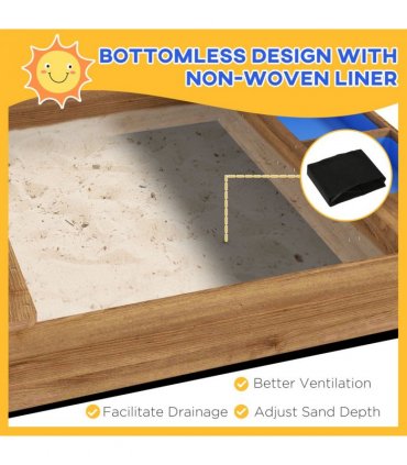 Sand Pit Brown Fir wood 124L x116W x146Hcm Outsunny Sandbox Canopy Seats Kids