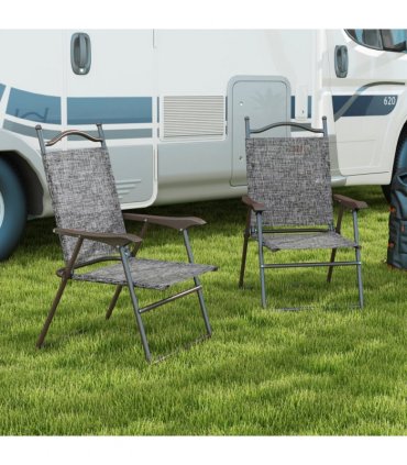 Outdoor Folding Chairs Set Grey Steel Mesh Fabric Portable Design Strong Frames