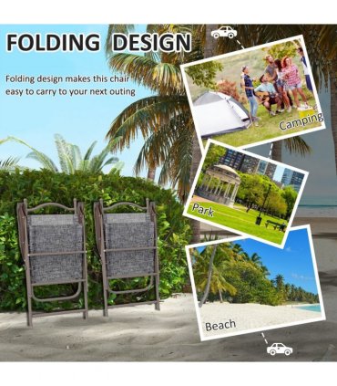 Outdoor Folding Chairs Set Grey Steel Mesh Fabric Portable Design Strong Frames