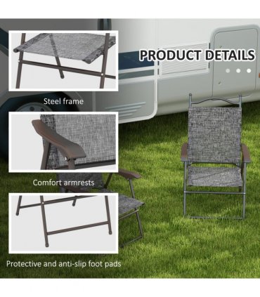 Outdoor Folding Chairs Set Grey Steel Mesh Fabric Portable Design Strong Frames