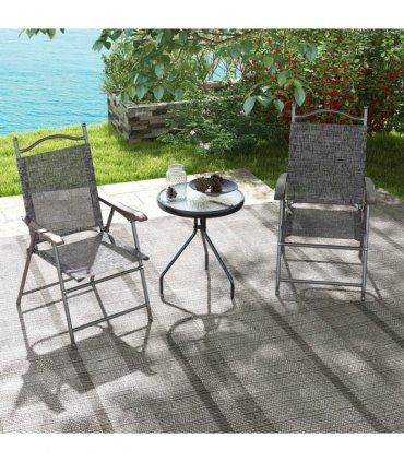 Outdoor Folding Chairs Set Grey Steel Mesh Fabric Portable Design Strong Frames