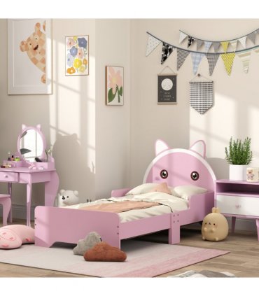 Toddler Bed Frame Pink MDF Cat Design Kids Bed with Guardrails 143L x74W x72Hcm
