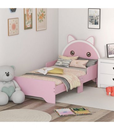 Toddler Bed Frame Pink MDF Cat Design Kids Bed with Guardrails 143L x74W x72Hcm
