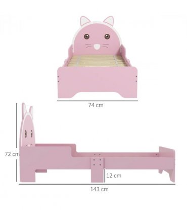 Toddler Bed Frame Pink MDF Cat Design Kids Bed with Guardrails 143L x74W x72Hcm