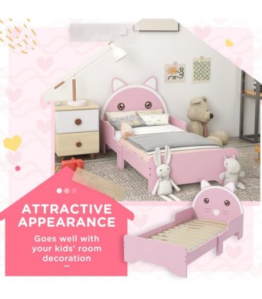 Toddler Bed Frame Pink MDF Cat Design Kids Bed with Guardrails 143L x74W x72Hcm