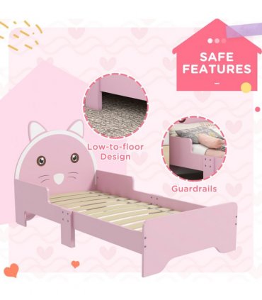 Toddler Bed Frame Pink MDF Cat Design Kids Bed with Guardrails 143L x74W x72Hcm