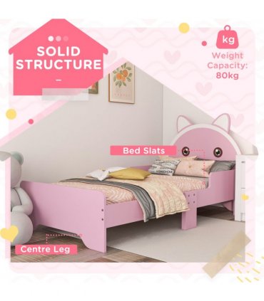 Toddler Bed Frame Pink MDF Cat Design Kids Bed with Guardrails 143L x74W x72Hcm