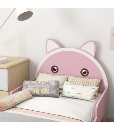 Toddler Bed Frame Pink MDF Cat Design Kids Bed with Guardrails 143L x74W x72Hcm
