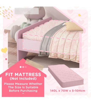 Toddler Bed Frame Pink MDF Cat Design Kids Bed with Guardrails 143L x74W x72Hcm