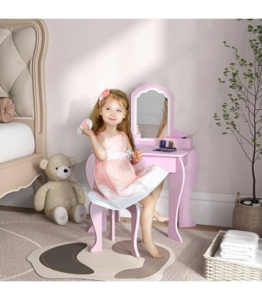 ZONEKIZ Kids Dressing Table Cloud Design with Mirror Stool Drawer Storage Boxes