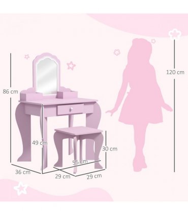 ZONEKIZ Kids Dressing Table Cloud Design with Mirror Stool Drawer Storage Boxes