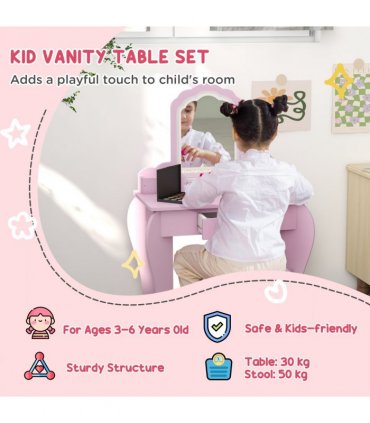 ZONEKIZ Kids Dressing Table Cloud Design with Mirror Stool Drawer Storage Boxes