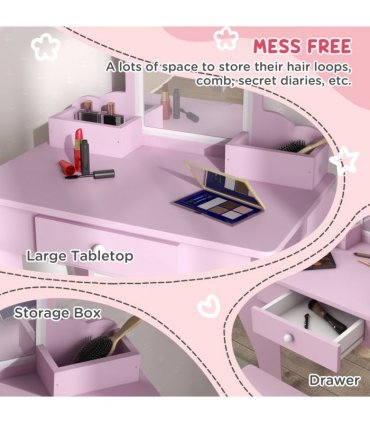 ZONEKIZ Kids Dressing Table Cloud Design with Mirror Stool Drawer Storage Boxes