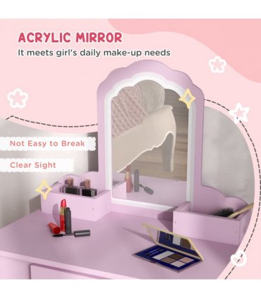 ZONEKIZ Kids Dressing Table Cloud Design with Mirror Stool Drawer Storage Boxes