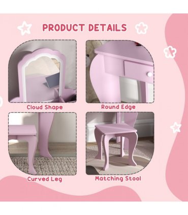 ZONEKIZ Kids Dressing Table Cloud Design with Mirror Stool Drawer Storage Boxes