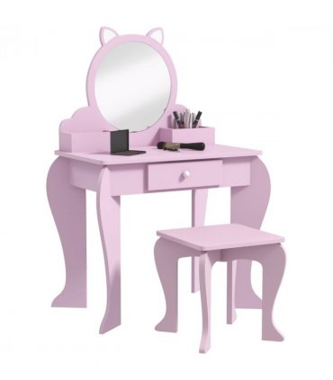 ZONEKIZ Kids Dressing Table Cat Design with Mirror Stool, Drawer, Storage Boxes
