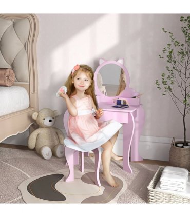 ZONEKIZ Kids Dressing Table Cat Design with Mirror Stool, Drawer, Storage Boxes