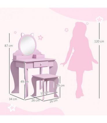 ZONEKIZ Kids Dressing Table Cat Design with Mirror Stool, Drawer, Storage Boxes