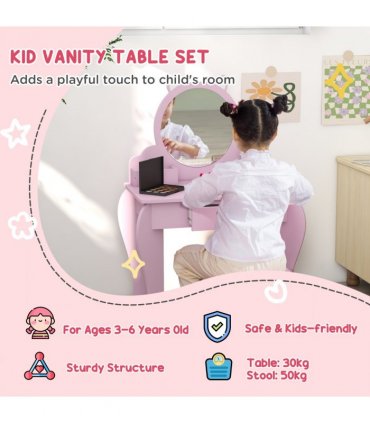 ZONEKIZ Kids Dressing Table Cat Design with Mirror Stool, Drawer, Storage Boxes