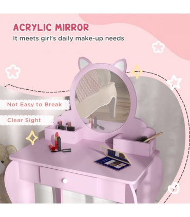 ZONEKIZ Kids Dressing Table Cat Design with Mirror Stool, Drawer, Storage Boxes