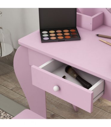 ZONEKIZ Kids Dressing Table Cat Design with Mirror Stool, Drawer, Storage Boxes