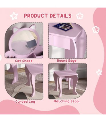 ZONEKIZ Kids Dressing Table Cat Design with Mirror Stool, Drawer, Storage Boxes