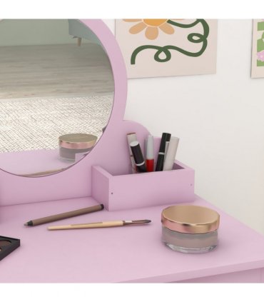 ZONEKIZ Kids Dressing Table Cat Design with Mirror Stool, Drawer, Storage Boxes