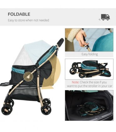 PawHut Pet Stroller for XS and S Dogs with Rain Cover - Dark Green