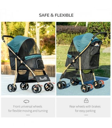 PawHut Pet Stroller for XS and S Dogs with Rain Cover - Dark Green