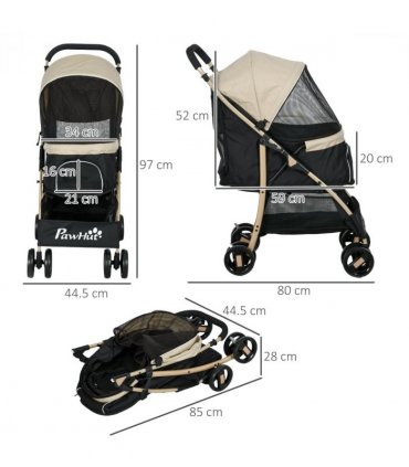 Pet Stroller Khaki Oxford Fabric Steel Plastic EVA 97H x 80L x 44.5Wcm PawHut