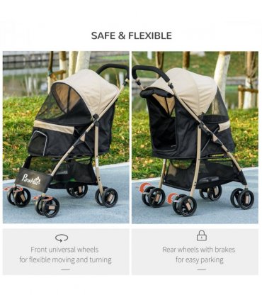 Pet Stroller Khaki Oxford Fabric Steel Plastic EVA 97H x 80L x 44.5Wcm PawHut