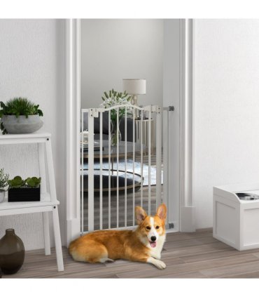PawHut 74-80cm Adjustable Metal Pet Gate Safety Barrier w/ Auto-Close Door White