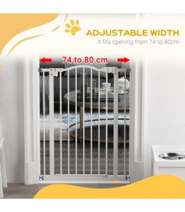 PawHut 74-80cm Adjustable Metal Pet Gate Safety Barrier w/ Auto-Close Door White