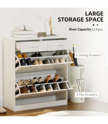 HOMCOM Slim Shoe Cabinet with 2 Flip Drawers for 12 Pairs of Shoes White