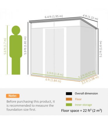 Outsunny 6.5x4FT Garden Shed with Foundation Lockable Metal Tool Shed Grey